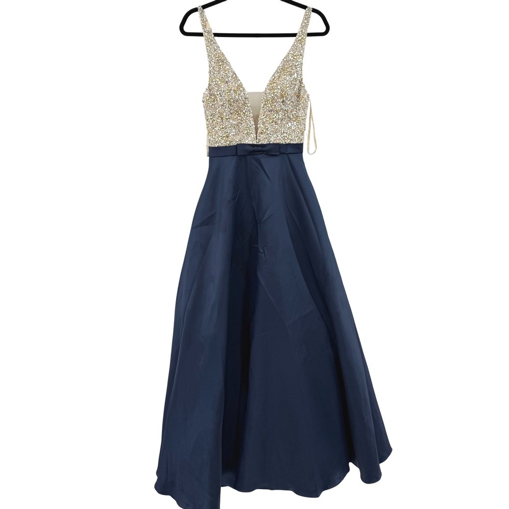BICICI & COTI Embellished Sequins Navy Blue Gown Formal Evening Pockets Bow S